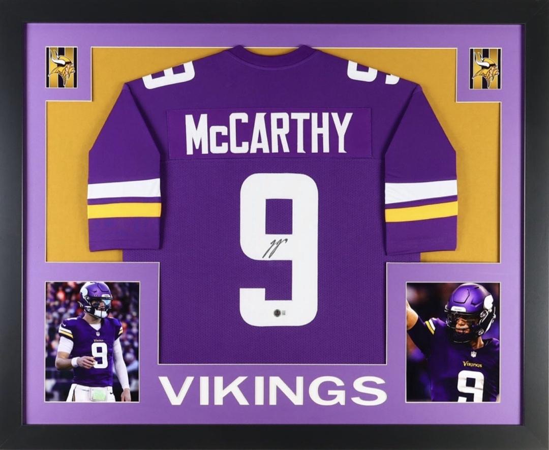 J.J. McCarthy 34x42 signed framed Vikings Jersey - Beckett COA